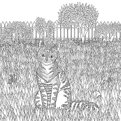 High detail patterned cat on detailed background. Vector Illustration