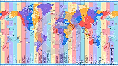 High detail world map of time zones, with big cities of the world, color vector illustration Vector Illustration