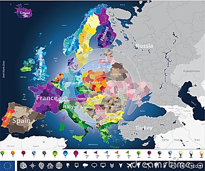 High detailed Europe map with coutries names and region borders Vector Illustration