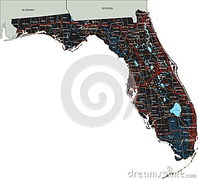 Detailed Florida road map with labeling. Vector Illustration