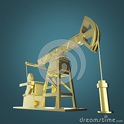 High detailed golden oil pump-jack, rig. isolated rendering. fuel industry, economy crisis illustration. Cartoon Illustration