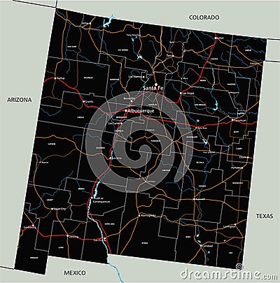 Detailed New Mexico road map with labeling. Vector Illustration