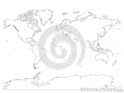 High detailed outline of world map with Antarctica. Simple thin black vector stroke on white background Vector Illustration