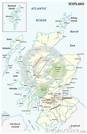 High detailed Scotland road and nationalpark map with labeling Vector Illustration