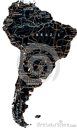 High detailed South America road map with labeling - Black. Vector Illustration