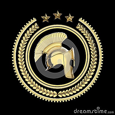 High detailed spartan, roman, greek helmet in laurel wreath badge with rings and stars. sports military fighting icon, rendering Stock Photo