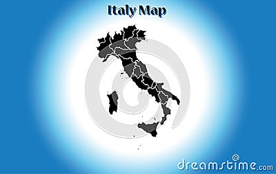 High detailed vector map - Italy, political region, black design, flat, white vignette, isolated silhouette, boot shape, Vector Illustration