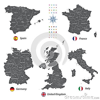 High detailed vector maps of United Kingdom, Italy, Germany, France and Spain with administrative divisions. Vector Illustration