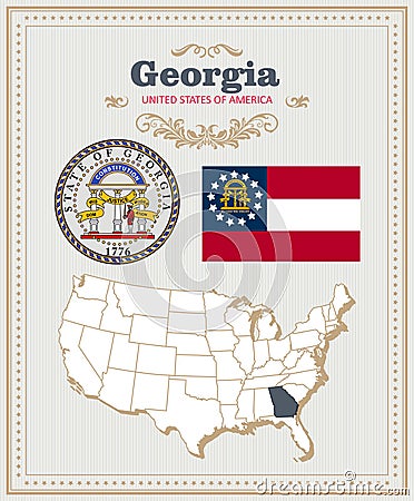 High detailed vector set with flag, coat of arms Georgia. American poster. Greeting card Vector Illustration