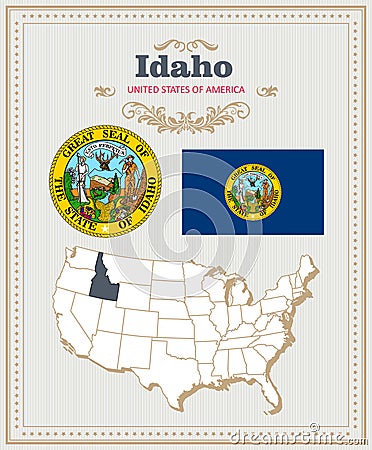 High detailed vector set with flag, coat of arms Idaho. American poster. Greeting card Vector Illustration