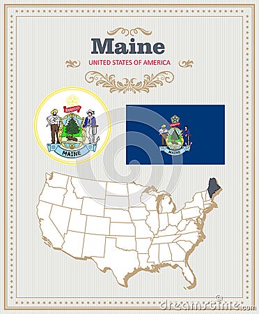 High detailed vector set with flag, coat of arms Maine. American poster. Greeting card Vector Illustration