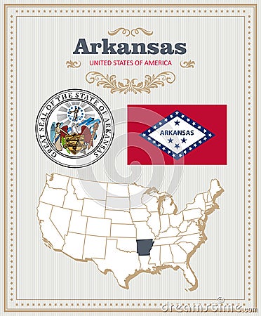 High detailed vector set with flag, coat of arms, map of Arkansas. American poster. Greeting card Vector Illustration