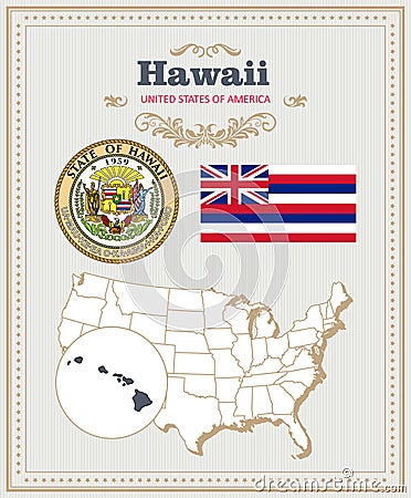 High detailed vector set with flag, coat of arms, map of Hawaii. American poster. Greeting card Vector Illustration