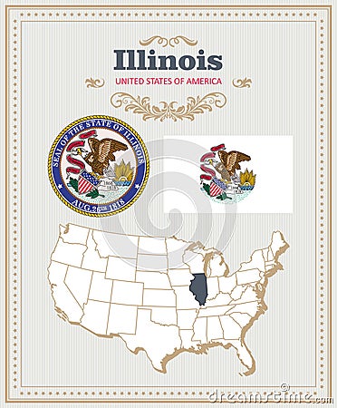 High detailed vector set with flag, coat of arms, map of Illinois. American poster. Greeting card Vector Illustration