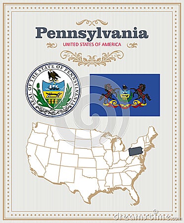 High detailed vector set with flag, coat of arms, map of Pennsylvania. American poster. Greeting card Vector Illustration