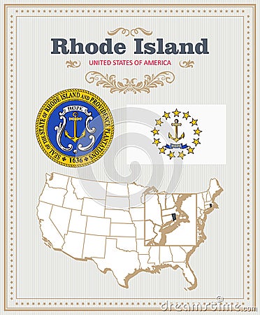 High detailed vector set with flag, coat of arms, map of Rhode Island. American poster. Greeting card Vector Illustration