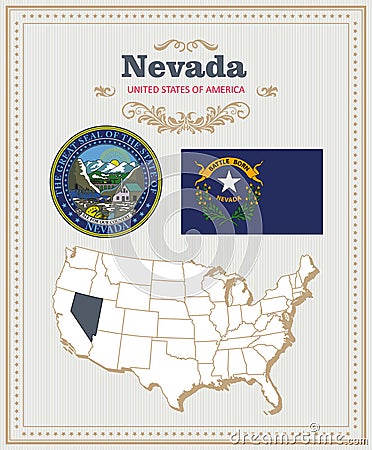 High detailed vector set with flag, coat of arms Nevada. American poster. Greeting card Vector Illustration