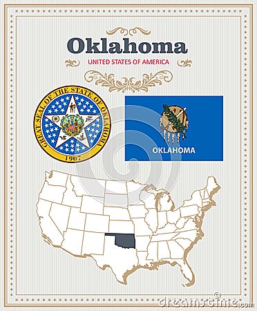 High detailed vector set with flag, coat of arms Oklahoma. American poster. Greeting card Vector Illustration