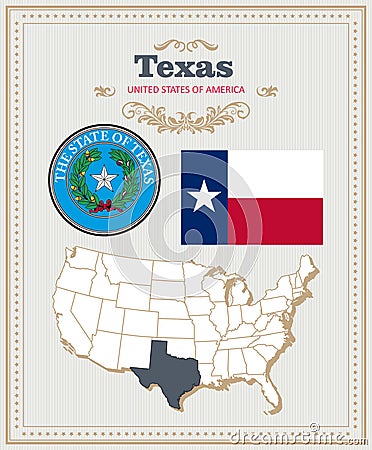 High detailed vector set with flag, coat of arms Texas. American poster. Greeting card Vector Illustration