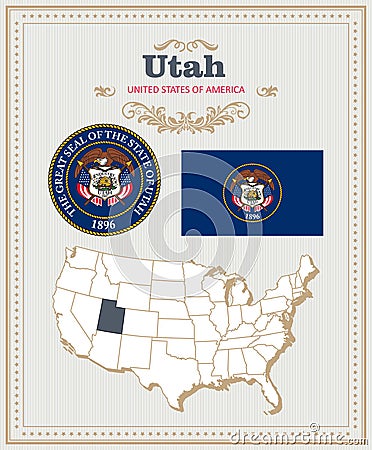 High detailed vector set with flag, coat of arms Utah. American poster. Greeting card Vector Illustration