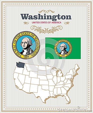 High detailed vector set with flag, coat of arms Washington. American poster. Greeting card Vector Illustration