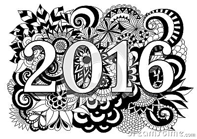 2016 on high detailed zentangle floral black and white background Vector Illustration