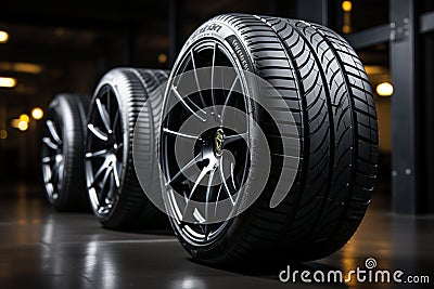 High efficiency summer tire set showcased in studio, dramatic lighting, shallow focus Stock Photo