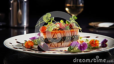 high-end gastronomic experience: meticulously plated cuisine, ambient dining setting, fine wine pairings, upscale service Stock Photo