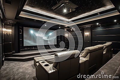 high-end home theater with dolby surround sound and state-of-the-art projector screen Stock Photo