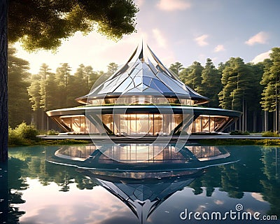 high end luxury modern exterior villa in forest next to lake. epic royal background, big royal uncropped crown, hyperrealistic, Stock Photo