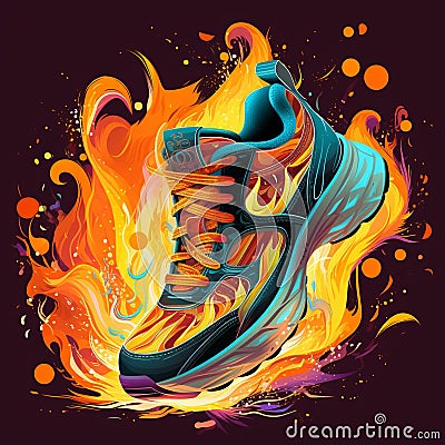 High-energy abstract illustration of a blazing torch intertwined with a running shoe Cartoon Illustration