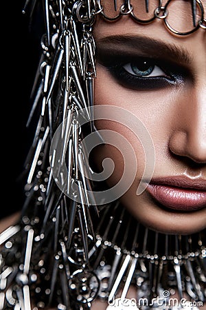 High fashion beauty model with metallic headwear and dark makeup and blue eyes on black background Stock Photo