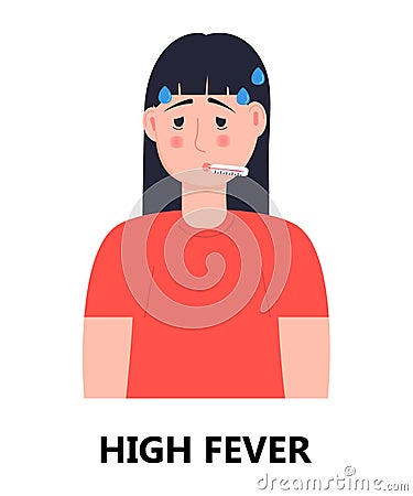 High fever of girl icon vector. Flu, cold, coronavirus symptom is shown. Woman is feverish and taking thermometer Vector Illustration