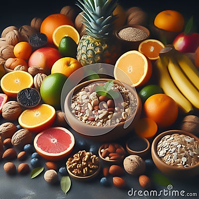 High fiber health food concept with superfoods high in antioxidants, omega 3, vitamins and protein Stock Photo