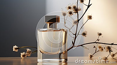 Glass perfume bottle with a dry plants. Concept of delicate feminine floral perfume Stock Photo