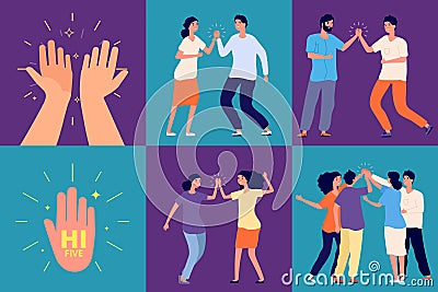 High five friends. Happy people greetings, smile woman man clap hands together. Applause or clapping, joyful teenagers Stock Photo