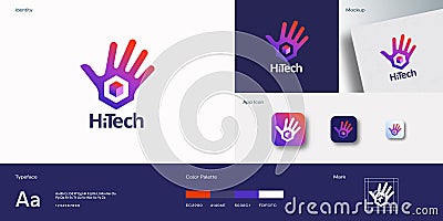 High Five Technology Abstract Vector Logo Template. Palm Hand with Cube Gradient Icon. Greeting Hi symbol concept Vector Illustration