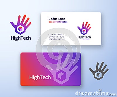 High Five Technology Abstract Vector Sign or Logo and Business Card Template. Palm Hand with Cube Gradient Icon with Vector Illustration