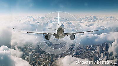 high flying passenger plane over the city. Stock Photo