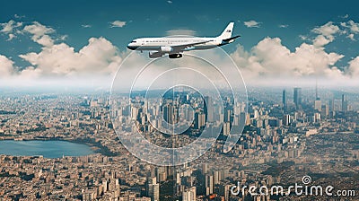 high flying passenger plane over the city. Stock Photo