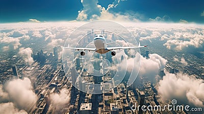 high flying passenger plane over the city. Stock Photo