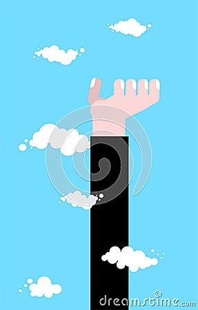 High hand. Raise up to heaven. Business hand in clouds. Pprotege concept template Vector Illustration