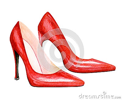 High heel red shoes. Watercolor illustration Stock Photo