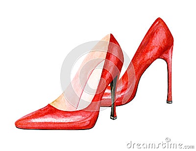 High heel red shoes. Watercolor illustration Stock Photo