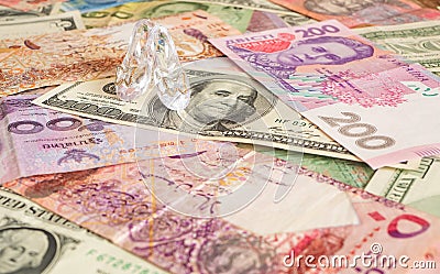 High heels on different currencies. Money for love. Prostitution Stock Photo