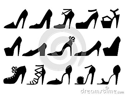 High heels shoes. Set women shoes black silhouette flat style isolated Vector Illustration