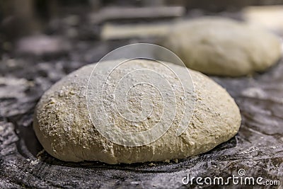 High hydration rye and wheat sourdough ready for shaping artisanal rustic wholegrain sourdough bread loaf, photo series Stock Photo