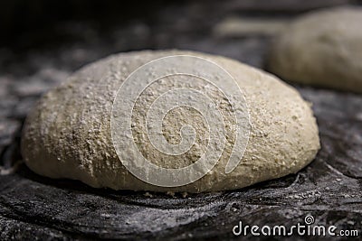 High hydration rye and wheat sourdough ready for shaping artisanal rustic wholegrain sourdough bread loaf, photo series Stock Photo