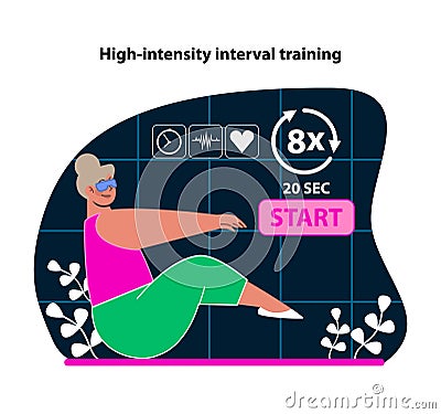 High-intensity interval training in VR. Engage in pulse-racing workouts with virtual guidance. Vector Illustration