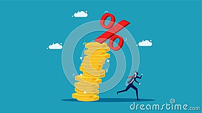 High interest costs. Businessman escaping the falling icon percentage. Vector Illustration
